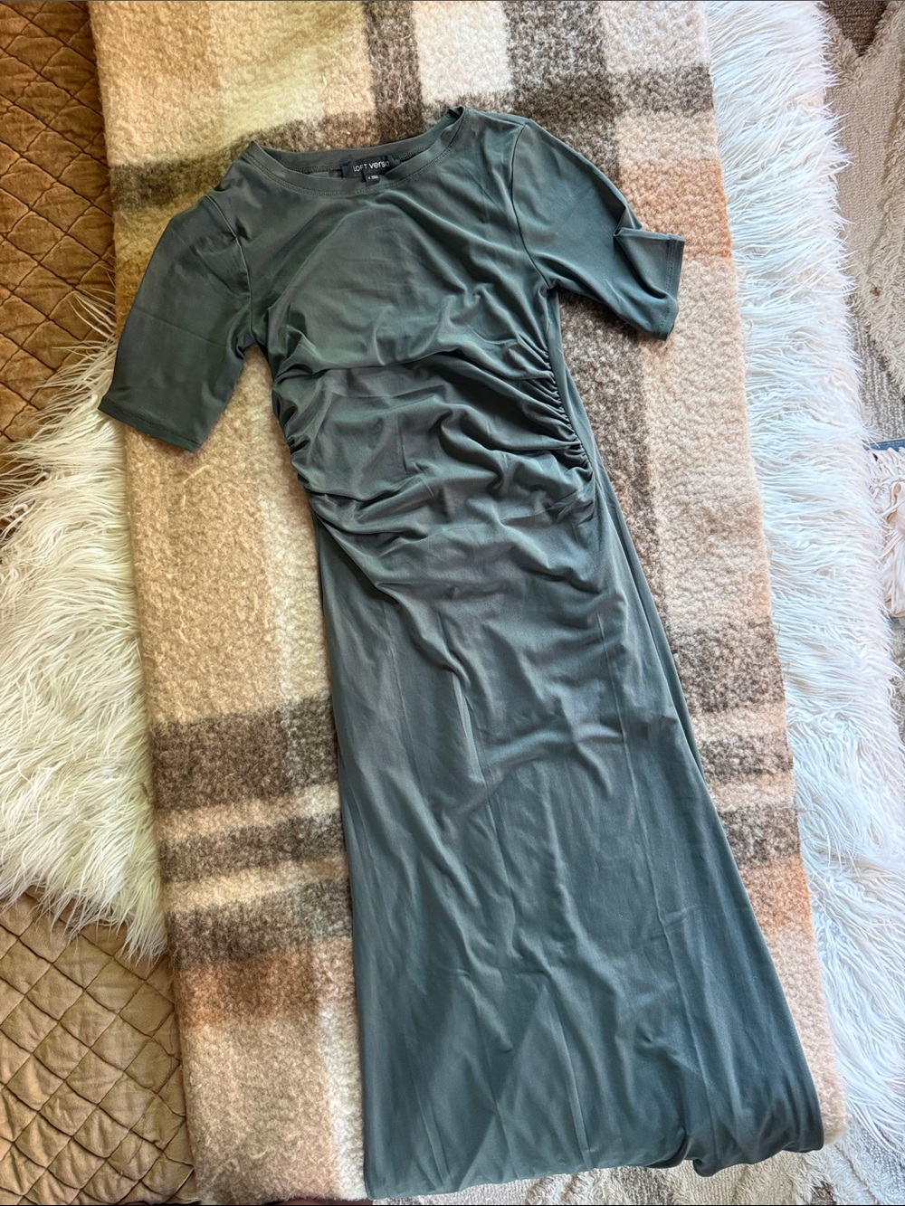 LOFT Slate Green Ruched Maxi Dress